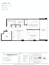A black and white image of a floor plan for a one bedroom, one bathroom apartment.