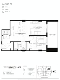 A black and white image of a floor plan for a one bedroom, one bathroom apartment.