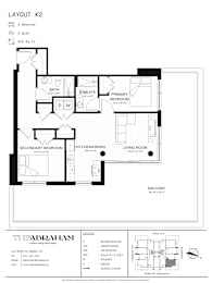 A black and white floor plan of a two-bedroom apartment with a balcony.
