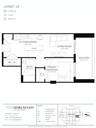 A black and white image of a floor plan for a one bedroom, one bath apartment.