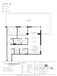 A black and white image of a floor plan for a two bedroom apartment.