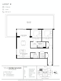 A black and white image of a floor plan for a one bedroom, one bath apartment.