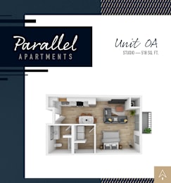 Apartment living room and kitchen layout for Parallel Apartments' Studio 0A.