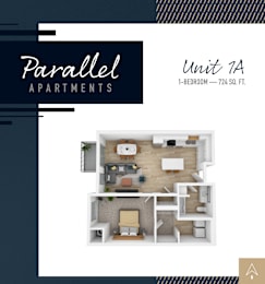 A floor plan for a 1-bedroom apartment at Parallel Apartments.
