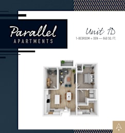 A brochure for Parallel Apartments showcasing a 1-bedroom + den unit that is 840 square feet.