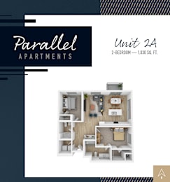A floor plan for Parallel Apartments shows a 2-bedroom, 1,030 square foot apartment.