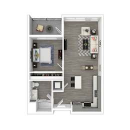 A top-down view of a small apartment with a bedroom, living room, and kitchen.