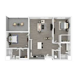 A top down view of a modern apartment with a kitchen, living room, and two bedrooms.