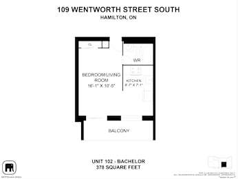 A black and white image of a floor plan for a 378 square foot unit.