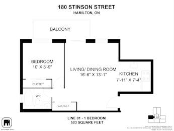 A black and white floor plan for a 503 square foot apartment at 180 Stinson Street, Hamilton, ON.