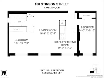 A floor plan for a unit at 180 Stinson Street, Hamilton, ON, showing a living room, two bedrooms, a kitchen/dining room, and a closet.