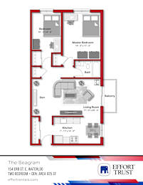 A floor plan of a two bedroom apartment with a den and balcony.