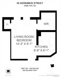 A floor plan for a Bachelor apartment at 39 Herkimer Street, Hamilton, ON.