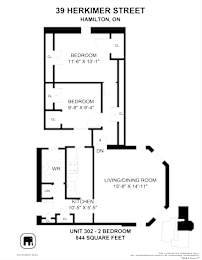A black and white floor plan for a two bedroom apartment at 39 Herkimer Street, Hamilton, ON.