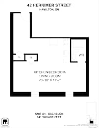 A black and white image of a floor plan for a 541 square foot unit.