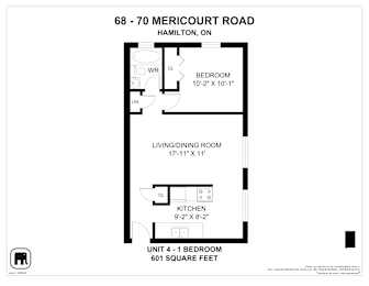 A floor plan for a 1 bedroom apartment at 68-70 Mericourt Road, Hamilton, ON.