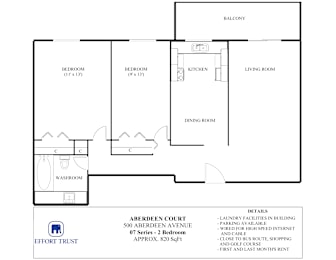 A floor plan for a 2 bedroom apartment at Aberdeen Court.