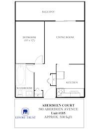 A floor plan of a property with a living room, bedroom, kitchen and washroom.