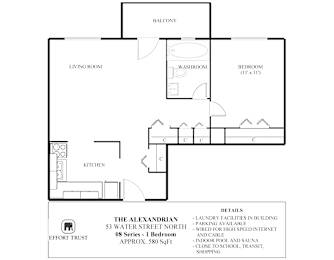 A floor plan of a one bedroom apartment with a living room, kitchen, bathroom and balcony.