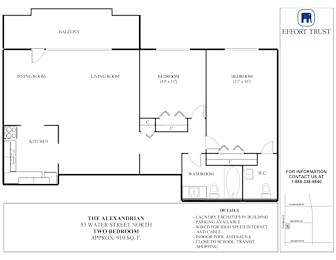 A floor plan of a two bedroom apartment with a balcony and a kitchen.
