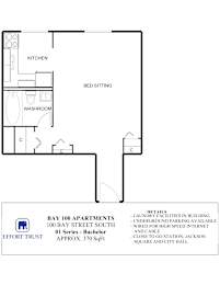 A floor plan of an apartment with a kitchen, bed sitting and washroom.