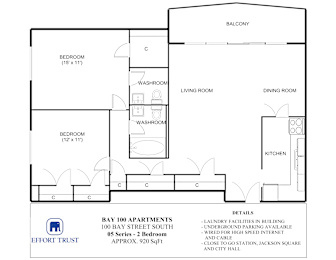 A floor plan for the Bay 100 Apartments shows two bedrooms, a living room, a dining room, a kitchen, and a balcony.