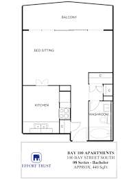 A floor plan for Bay 100 Apartments shows a bed sitting area, a kitchen, a washroom and a balcony.