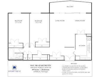 A floor plan of the Bay 100 Apartments.