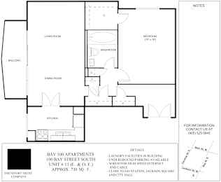 A floor plan for Bay 100 Apartments shows a living room, a dining room, a kitchen, a washroom, and a bedroom.