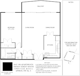 A floor plan for 100 Bay Street South shows the layout of the bedroom, living room, dining room, kitchen and washroom.