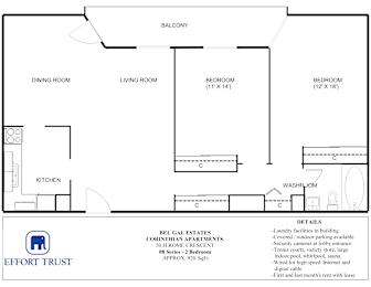 A floor plan for an apartment with a living room, dining room, kitchen, and two bedrooms.