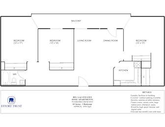 A floor plan of a one bedroom apartment with a balcony.