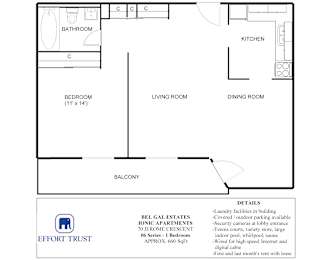 A floor plan of an apartment with a living room, dining room, kitchen and bathroom.