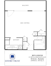 A floor plan of a residence with a balcony, bed/sitting area, kitchen, and washroom.