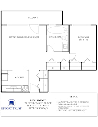 A floor plan for a Ben Lomond apartment shows a living room, dining room, kitchen, and bedroom.