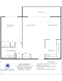 A floor plan of a 21 Ben Lomond Place apartment showing a bedroom, living room, dining room, kitchen and washroom.