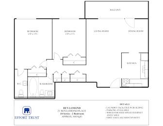 A floor plan of a 21 Ben Lomond Place apartment with a laundry facility in the building.