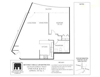 A floor plan of an apartment with a living room, dining room, bedroom, kitchen, and bathroom.