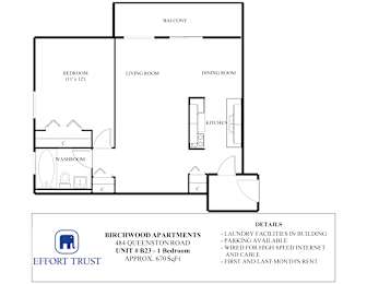 A floor plan for a 1 bedroom apartment in Birchwood Apartments.