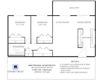 A floor plan for Birchwood Apartments shows two bedrooms, a living room, a dining room, a kitchen, and a washroom.