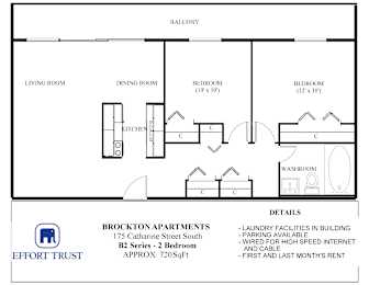 A floor plan for Brockton Apartments shows two bedrooms, a living room, a dining room, a kitchen, and a bathroom.