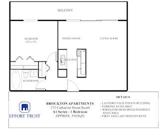A floor plan for a one bedroom apartment with a laundry facility in the building.
