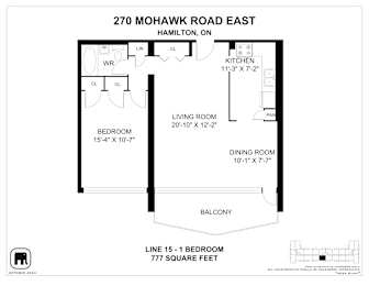 A floor plan for a home at 270 Mohawk Road East in Hamilton, ON, showing the layout of the bedrooms, living room, kitchen, dining room, and balcony.