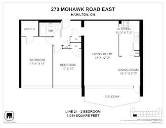 A floor plan for a home at 270 Mohawk Road East in Hamilton, ON, showing the layout of the bedrooms, living room, kitchen, dining room, and balcony.