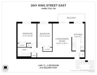 A floor plan for a 2 bedroom apartment at 2641 King Street East, Hamilton, ON.
