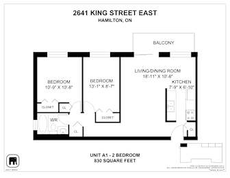 A floor plan for a 2 bedroom apartment at 2641 King Street East, Hamilton, ON.
