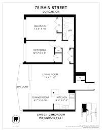 A floor plan for a 2 bedroom apartment at 75 Main Street, Dundas, ON.