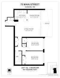 A floor plan for a two bedroom apartment at 75 Main Street, Dundas, ON.