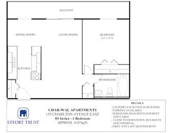 A floor plan for a Char-Wal Apartments unit shows a kitchen, dining room, living room, and bedrooms.