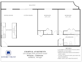 A floor plan for a 4 bedroom apartment with details about the building.